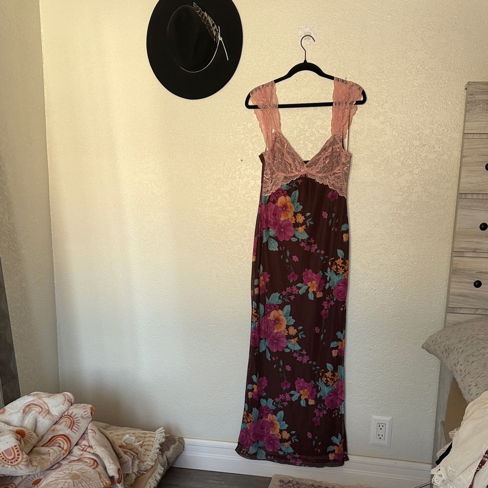 Floral Lace Maxi Dress - Pink and Brown